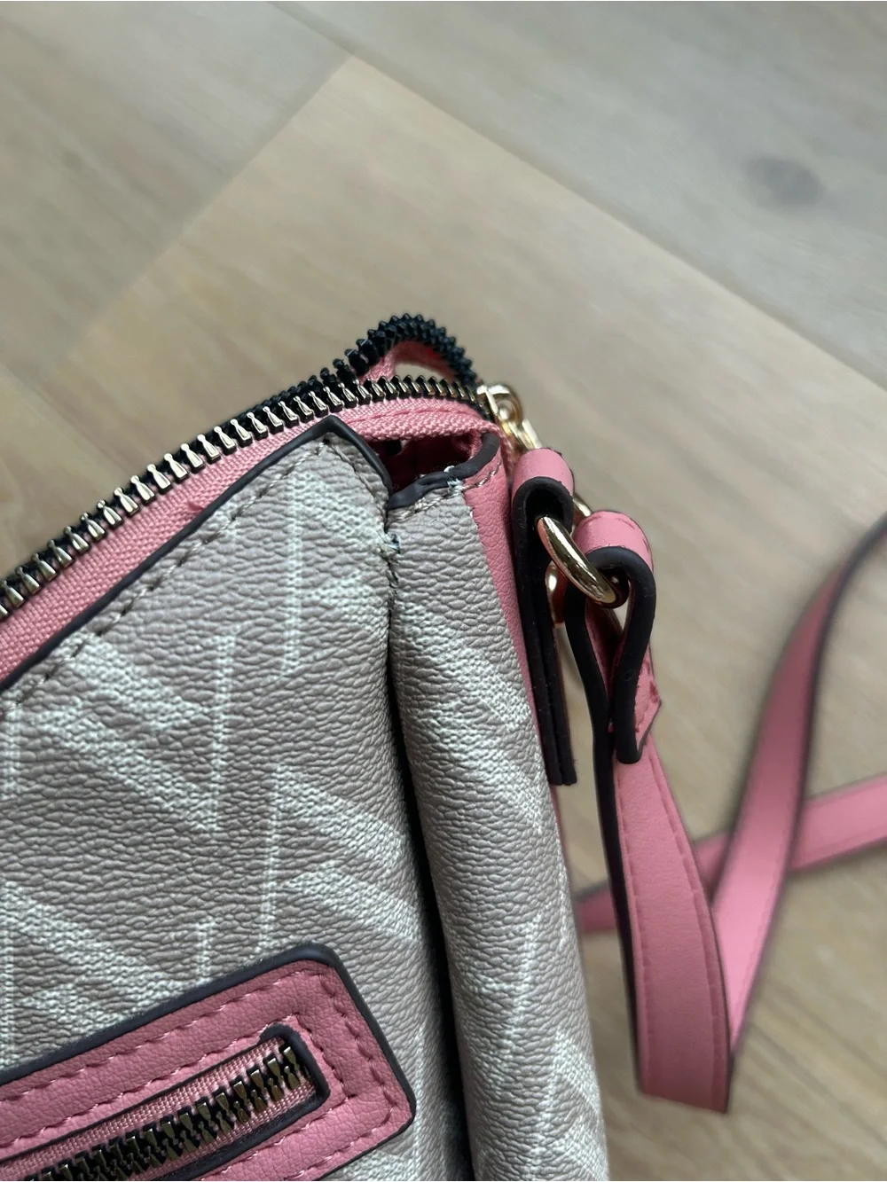 Adrienne Vittadini Monogram Crossbody Bag Pink Trim